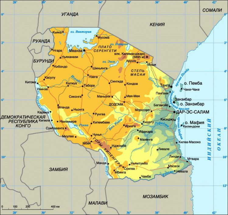 Физическая карта Танзании